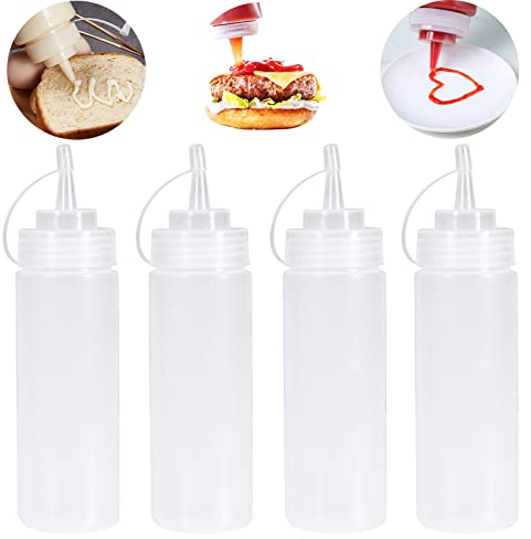 Torytoe Bottiglie Condimento, 4 Pezzi 4oz Squeeze Bottle con Tappi, Bottiglia Squeeze di Plastica, Bottiglie di Condimento per Spremere, Flacone Dosatore, a Prova di Perdite e Senza BPA (360ml)