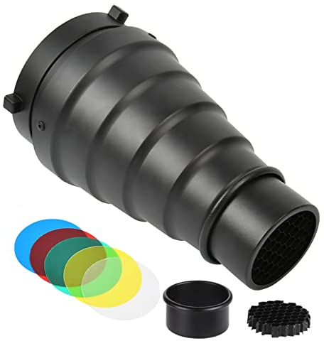REAQUE Aluminiumlegierung Konischer Snoot mit Wabenraster und 5 Farbfilter-Set, kompatibel mit Bowens Mount Studio Strobe Monolight Fotografie Blitz