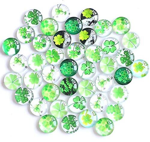YIEUR 50 Stück Glas Cabochons Kleeblatt Glückssteine, 12mm Schmunzelsteine Glassteine bunte mix, Glücksbringer Glücksklee Glascabochons Glasnuggets Aufkleber Streudeko für DIY Schmuck(50)