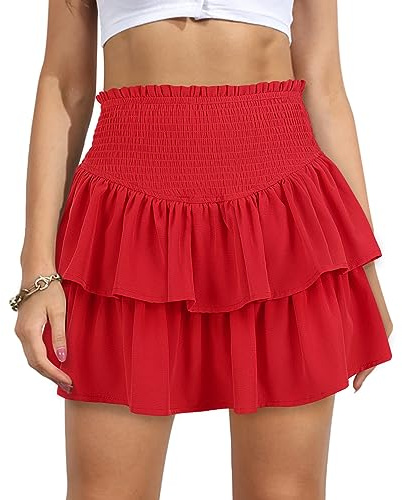 Vigorics Mini jupe à volants taille haute pour femme - Jupe courte à volants avec short en dessous, Rouge, Taille S