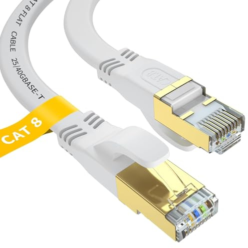 YSONG Câble Ethernet Cat 8 5m Plat, Cable RJ45 Plaqué Or, Haute Vitesse 40 Gbit/s, 2000 MHz, Pour Routeur/PC/Jeux/Modem, Plus Rapide que Cat7/Cat6/Cat5(Blanc) | Câble réseau plat haut débit RJ45 plaqué or pour PC/routeur/jeu, plus rapide que Cat7/Cat6/Cat5 (blanc)