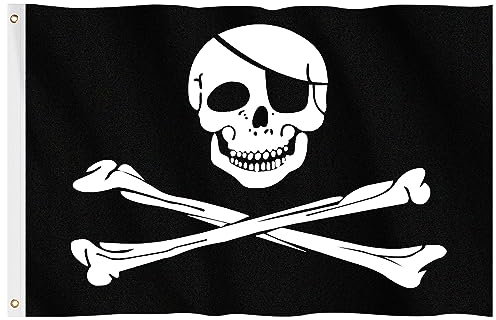 Pirate Flag, Hianjoo Jolly Roger Skull Flag 5ft x 3ft with Metal Eyelets, Vivid Color Fade Proof Polyester Canvas Header Double Stitched Crossbones Pirate Party Decoration Supplies 90 * 150CM