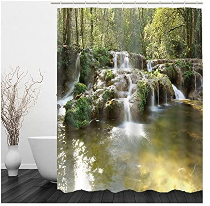 Whoiy Shower Curtains Mountains, Duschvorhang Eckbadewanne 120X180cm Polyester Duschvorhänge Bach Grün Braun für Outdoor Hotel