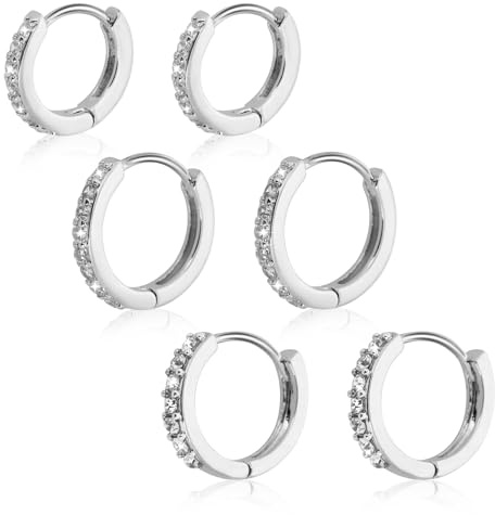 3 Pairs Small Hoop Earrings for Women, Silver Rhinestone Hoop Earrings Set – 8mm 10mm 12mm Dainty Earring for Women Men Girls, CZ Hoops Earring