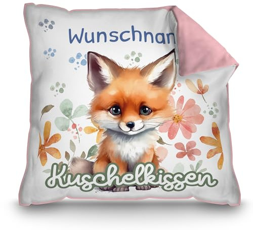 Print Royal PR Personalisiertes Kuschel-Kissen für Kinder mit Füllung - mit Name selbst gestalten - Fuchs Kissen für Mädchen und Jungs, Kinderkissen mit Name | 40 x 40 cm, Rückseite Rosa