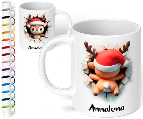 True Statements 3d Weihnachtstasse mit Namen für Kinder personalisiert „Rentier mit roter Mütze“ 330ml Keramik Tasse Mädchen Junge – Geschenk zu Weihnachten (Weiß)