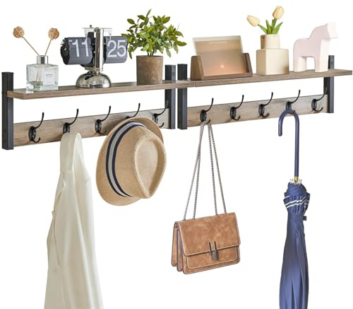 YMYNY Juego de 2 Perchero de Pared con Estante, Estantería de Pared con 10 Ganchos, Estante Mural de Almacenamiento, 120 x 11 x 19.5 cm, Pasillo, Entrada, Estilo Industrial, Gris Plateado HWS004Y-2