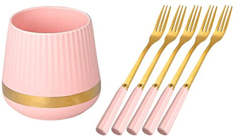Ensemble de couverts de fourchette à fruits en acier inoxydable, pour fourchettes à salade/fourchettes à dessert ménagères avec pot de rangement en céramique ensemble d'argenterie (costume rose)