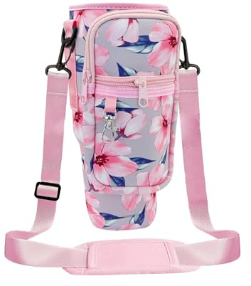 MultiValue Universeller Wasserflaschenhalter, modischer Wasserflaschenhalter mit Handyfach und Schultergurt, Wasserflaschen-Tasche für Spaziergänge und Wandern, Weihnachtsstrumpffüller, rosa blume, 9
