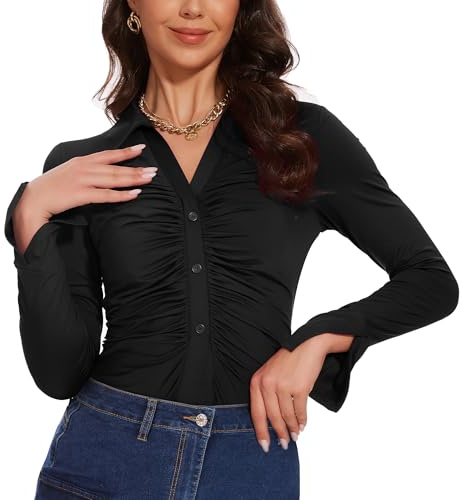 MISS MOLY Damblus, långärmad tunika, skjortblus, veckad tunika, toppar med knappar, dekor, svart, XS