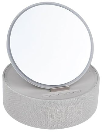 Dudùu Make Up Specchio LED con Cassa Bluetooth e Ricarica Wireless Qi – Lampada Trucco con Orologio Digitale, Sveglia, Luce Dimmerabile, Supporto Smartphone, Specchio da Tavolo Multifunzione (Grigio)