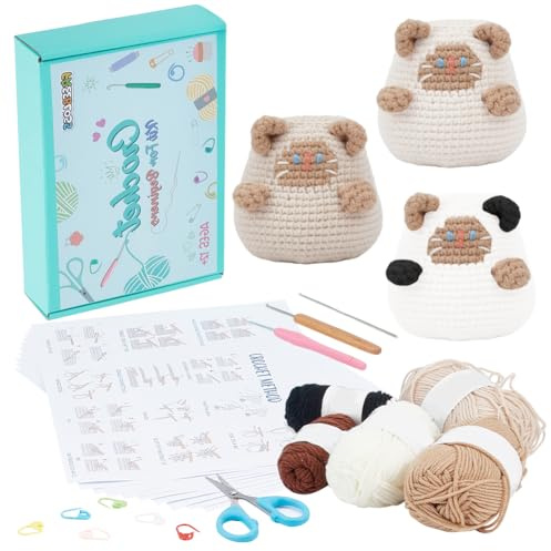 FREEBLOSS 3 Set Häkelset Häkelkatze Bleistifthalter Häkeltiere Set Für Anfänger Mit Videoanleitungen Häkel Starter Set Häkelgarn Und Haken Set Für Anfänger Strickset als Geschenk