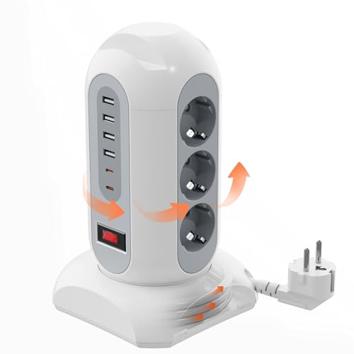 Multiprise avec USB, 9 emplacements, protection contre les surtensions, prise avec interrupteur, rallonge de 1,8 m, pour la maison, le bureau, support de téléphone portable, multiprise, tour de prise