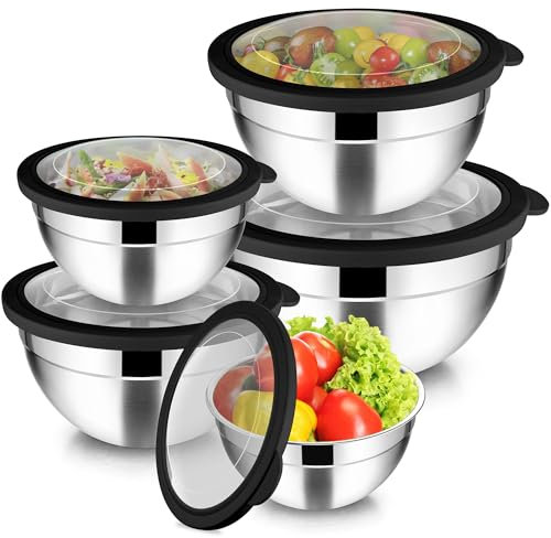 Joyfair Set di 5 ciotole in acciaio inox con coperchio trasparente (5, nero)