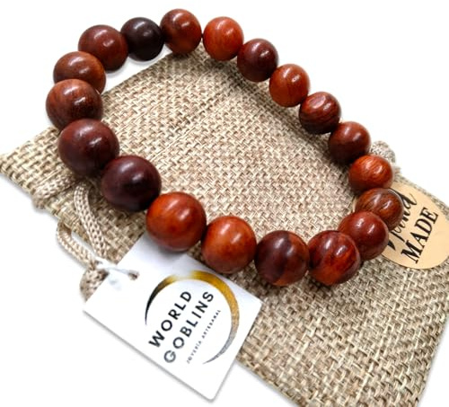 WORLD GOBLINS Pulsera de Oración, Pulsera Rosario de Madera Natural 10mm. Budista Yoga. Códigos Sagrados. Amuleto Tibetano (Palo Santo Rojo 10mm)