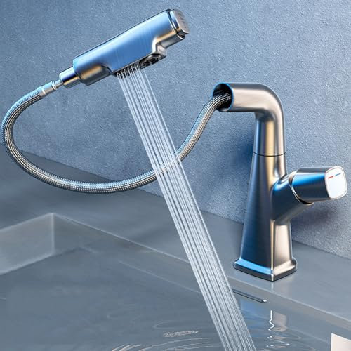 Wasserhahn Bad, Waschbecken Armaturen mit Ausziehbarem Rohr, Badarmatur Waschbecken 360° Drehbar Waschbeckenarmatur mit Verbindungsschlauch für Warm/Kaltwasser