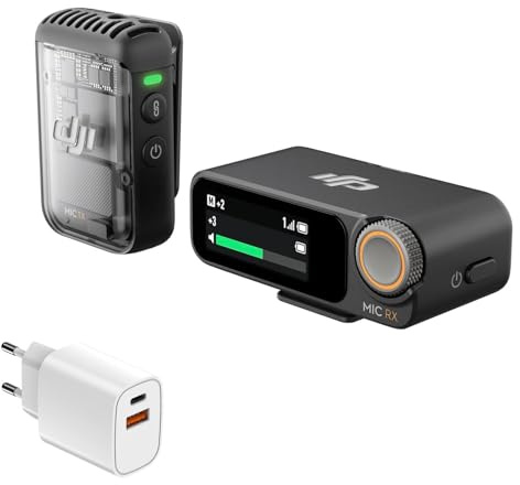 DJI Mic 2 (1 Sender + 1 Empfänger), kabelloses Mikrofon mit intelligenter Rauschunterdrückung, interne 32-Bit-Float-Aufnahme, optimierter Sound, 250 m Reichweite, mit Ladegerät