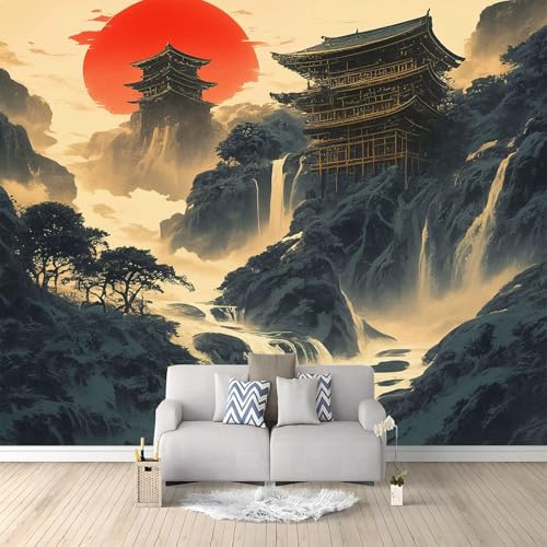 Murales 3D Estilo Japonés Sol Rojo Montañas Templos 200 x 140 cm Fotomurale Papel Pintado no Tejido, Papel Tapiz Fotográfico, Mural de Decoración de Pared para Salon, Dormitorio, Oficina