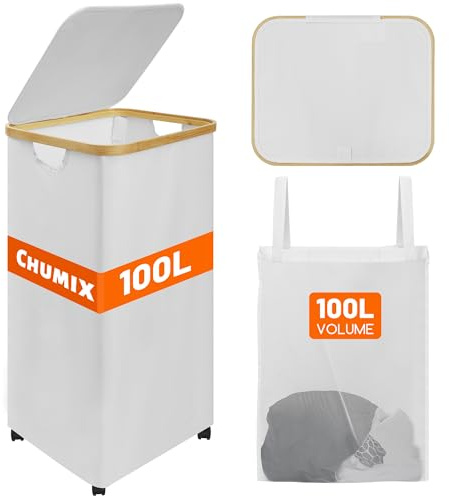 Chumix Panier a Linge avec Couvercle, 100 L Corbeille a Linge sur Roues, Bac a Linge Pliable avec Poignées en Bambou, pour Chambre, Salle de Bain, Buanderie (crème) (Beige)