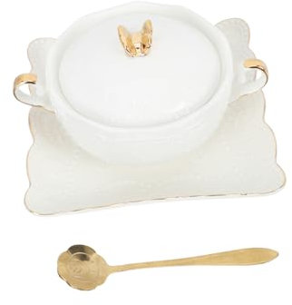 VICASKY Ceramic Serving Bowl Lid Embossed Flower Double-Handle Bowl Heat Resistant for Kitchen Dining Study Camping Decoration