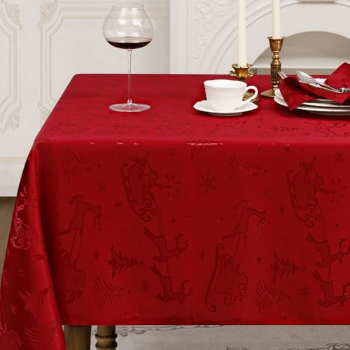 Romanstile rote Weihnachten Tischdecke 140 x 180 cm abwaschbar Jacquard Rechteckig Hirsch & Weihnachtsbäume,Wasserabweisend Tischtuch Table Cloth für Ferien,Esstisch,Restaurant,Party,Christmas,Fest