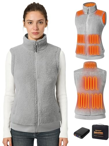 Topdot Gilet Riscaldato Donna con Batteria 7.4V 16000mAh, 10 Zone di Riscaldamento, Elettrico Gilet Termico Leggero con 5 Temperature per Ciclismo, Lavori All'aperto,Grigio,M
