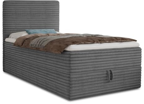 Sofnet Boxspringbett Mollo Mini mit Bettkasten und Matratzentopper - Einzelbett mit Bonell-Matratze und Topper, Polsterbett in weichem Cordstoff, Bett, Schlafzimmer (Graphit (Tilia 90), 120 x 200 cm)