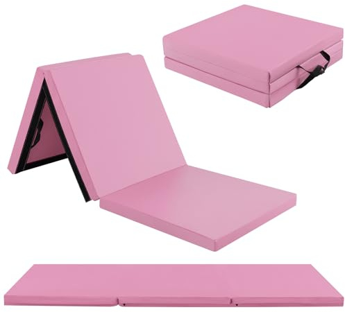 GOPLUS Weichbodenmatte, 180 x 60 x 5 cm Turnmatte rutschfest mit Klettverschlüssen & Tragegriffen, Gymnastikmatte klappbar aus Kunstleder, Turnmatte zum Trainieren von Gymnastik & Yoga (Hellrosa)