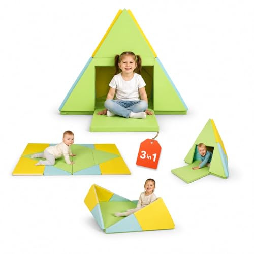 alldoro 3 in 1 Spielmatte 182 x 105 cm, faltbar zu Tipi-Zelt & Spielboot | wandelbar von Krabbelunterlage für Babys bis Spielzelt für Kinder, weich gepolstert, abwischbares Kunstleder, Kita & zuhause