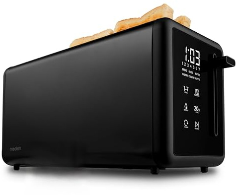 MEDION Grille-pain 4 tranches avec support à petits pains (7 niveaux, 5 programmes, 1.450 W, 2 longues fentes, décongélation, réchauffage, inox mat, MD12103) noir