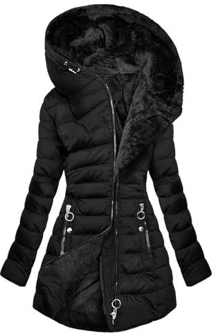 Wintermantel Damen Warm Gefüttert Steppjacke Lange Elegant Damenmantel Langarm Winter Parka Jacke mit Kapuze Winterparka Mantel Einfarbig Bequemes Sportjacke Winddicht Outdoorjacke, Schwarz L