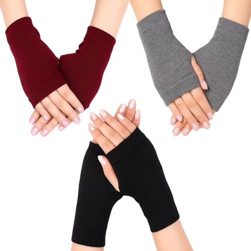 QhgPnt Fingerless Gloves for Women, 3 Pairs Fingerless Gloves for Men and Women, Wool Gloves Ladies Gloves, 14 cm x 8.5 cm