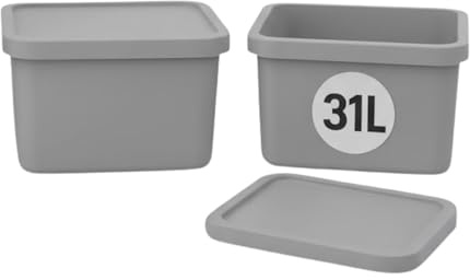 Plastard Aufbewahrungsbox mit Deckel 2er-Set 31 Liter in Grau | BPA-Freie Ordnungsbox für Küche, Bad, Büro, Kinderzimmer, Robuste Stapelbare Kunststoffbox, 34 x 46 x 26 cm, Ordnungskiste
