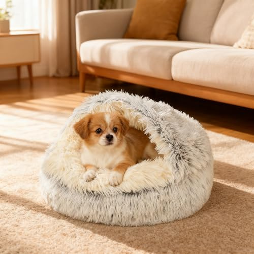 Grotte pour Chat, Lit apaisant pour Chien Moelleux en Peluche, Lit 2 en 1 Douillet pour Chats d'intérieur ou Petits Chiens avec Housse, avable en Machine,lit pour Chien de Beignet (Gris, 50CM)