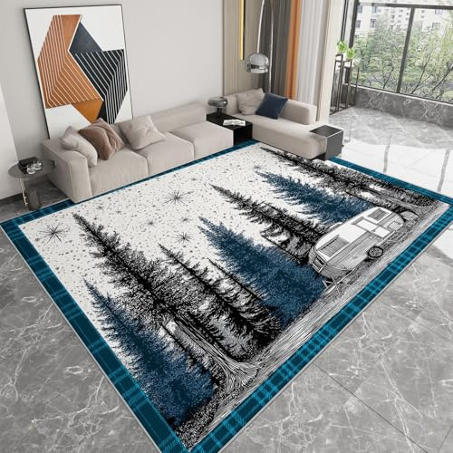 Generisch Vintage Stil Waschbar Wohnzimmer Teppich 60 x 90 cm, Campingplatz Kiefer Sterne Flauschig Teppich Schlafzimmer Kurzflor für Kinderzimmer Bettvorleger Spielzimmer - rutschfest Teppichläufer