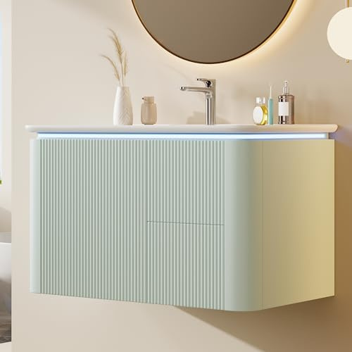 80,5 × 47,5 × 51 cm, armario de lavabo colgante de pared, completamente lacado, estructura vertical, lámpara LED con sensor de movimiento de radar, cajones silenciosos, diseño antigolpes, lavabo de