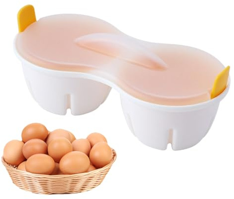 Olla de huevos para microondas, caldera de huevos para microondas, olla de desayuno antiadherente de 2 cavidades con tapa, polipropileno de alimenticio, resistente al calor, herramienta