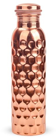 Bottiglia d'acqua in rame diamante 900 ml, bottiglia in rame puro a prova di perdite, corpo senza cuciture, tappo in silicone, fatta a mano, ayurvedica, senza rivestimento interno, ecologica e