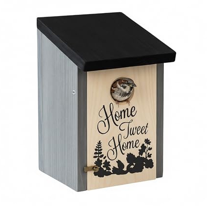 Relaxdays Nistkasten für Meisen, Spatzen, 32mm, grau/schwarz | Reinigungsklappe, Holz, Vogelhaus zum Aufhängen, Nisthöhle