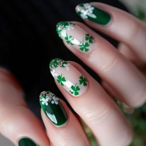 Lot de 24 faux ongles à presser en matériaux ABS - Finition étincelante et trèfles pour fêtes - Élégances - Vert pailleté