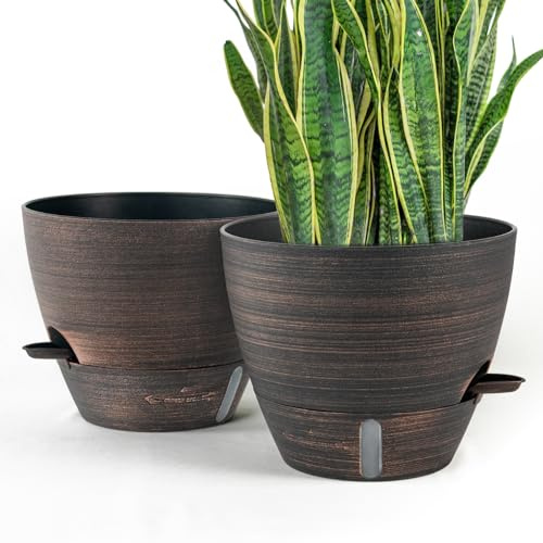 ZMTECH 30 cm planteringskrukor med bevattningsläpp självvattnande växtkrukor med dräneringshål och avtagbart underlägg plastväxtkrukor (brons, set om 2)