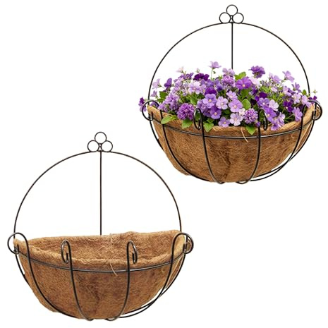 Esoes Maceta colgante, cesta colgante de pared para exteriores, maceta de hierro montada en la pared con ganchos de cadena para decoración del hogar, jardín, balcón (2 piezas)