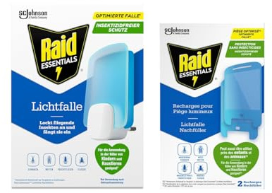 Raid Essentials Lichtfalle Starter Set + 3 Nachfüller, Mückenfalle für Innenräume, geräuschlose Insektenfalle gegen Mücken & Fluginsekten, elektrische Lichtfalle