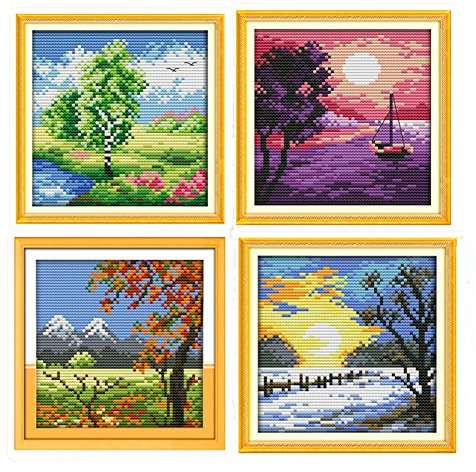Cleana Arts, set di 4 kit per punto croce, quattro stagioni di campagna, tela 11 CT con motivo stampato, 4 matassine