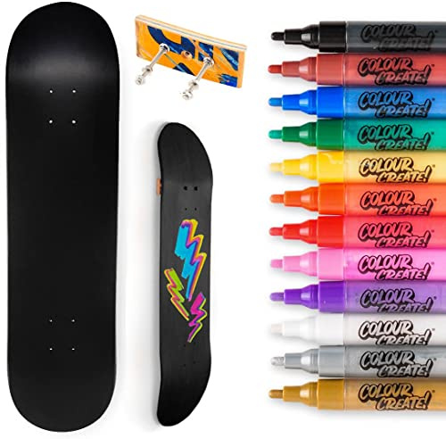 Venom Skateboards Matt Black Skate Board Blank Deck 8 & 12 Colour Create Medium Tip Acrylic Paint Pens Coloured Pens Marker Set-Wall Art - Skateboard Art + Skateboard Deck Wall Mount/Hanger