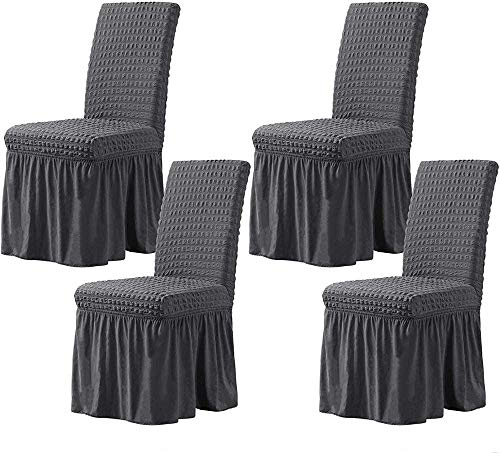Stretchy Esszimmer Stuhlhussen Mit Langem Rock, Abnehmbare Waschbare Universal Anti-Dirty Möbel Schonbezüge Für Home Kitchen Party (Grau,Set of 4)