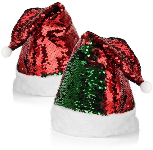 com-four® 2x Weihnachtsmütze mit Wendepailletten, rot-grüne X-Mas-Mütze
