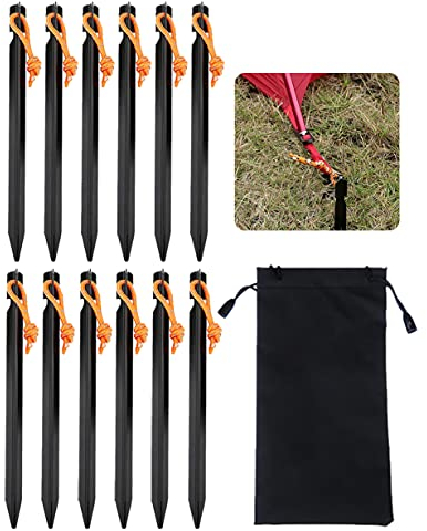 Zeltheringe 12 St, 18cm Metall Heringe Erdnägel für Zelt Vorzelt, Aluminium Zeltheringe Stahl für Harte Böden, Schwarz Zelthaken Zeltnägel Sandheringe mit Reflektierende Seil für Camping Strand