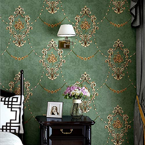Amerikanische Retro-Vlies-Tapete, 3D, europäischer Pastoral-Damast-Blume, Schlafzimmer, Wohnzimmer, TV-Hintergrund, Wand, Restaurant, Bekleidungsgeschäft, 1.73'W x 32.8'L Nicht Geklebt(dunkelgrün)