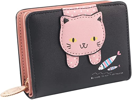 Bymivofun Süße Katzen Geldbörse, PU Leder Katzen Geldbörsen, kleine Münzkarte, Foto Geldbörse, für Geschenke, Mädchen, Frauen, Freunde, Jubiläum (Schwarz)